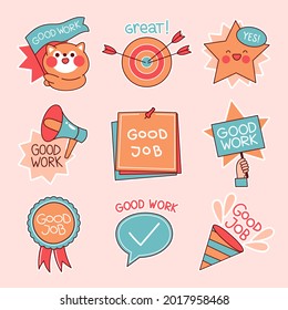 Job and great job stickers logo. School reward, encouragement sign, stamp. Student icon. Success, congrats, excellent work label. Awesome homework, well done. Educational kids design. Vector art. 