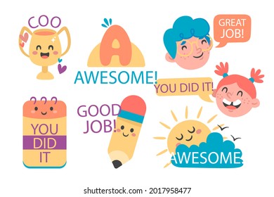 Job and great job stickers logo. School reward, encouragement sign, stamp. Student icon. Success, congrats, excellent work label. Awesome homework, well done. Educational kids design. Vector art. 