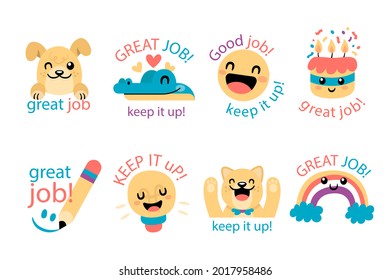 Job and great job stickers logo. School reward, encouragement sign, stamp. Student icon. Success, congrats, excellent work label. Awesome homework, well done. Educational kids design. Vector art. 