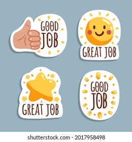 Job and great job stickers logo. School reward, encouragement sign, stamp. Student icon. Success, congrats, excellent work label. Awesome homework, well done. Educational kids design. Vector art. 