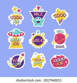 Job and great job stickers logo. School reward, encouragement sign, stamp. Student icon. Success, congrats, excellent work label. Awesome homework, well done. Educational kids design. Vector art. 