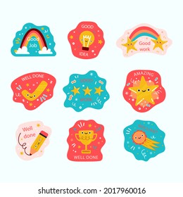 Job and great job stickers logo. School reward, encouragement sign, stamp. Student icon. Success, congrats, excellent work label. Awesome homework, well done. Educational kids design. Vector art. 