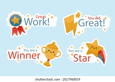 Job and great job stickers logo. School reward, encouragement sign, stamp. Student icon. Success, congrats, excellent work label. Awesome homework, well done. Educational kids design. Vector art. 