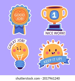 Job and great job stickers logo. School reward, encouragement sign, stamp. Student icon. Success, congrats, excellent work label. Awesome homework, well done. Educational kids design. Vector art. 