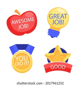 Job and great job stickers logo. School reward, encouragement sign, stamp. Student icon. Success, congrats, excellent work label. Awesome homework, well done. Educational kids design. Vector art. 