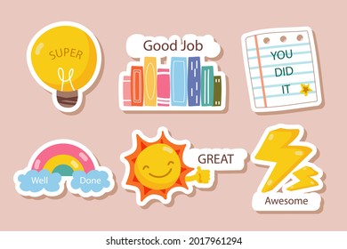 Job And Great Job Stickers Logo. School Reward, Encouragement Sign, Stamp. Student Icon. Success, Congrats, Excellent Work Label. Awesome Homework, Well Done. Educational Kids Design. Vector Art. 