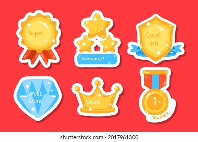 Job And Great Job Stickers Logo. School Reward, Encouragement Sign, Stamp. Student Icon. Success, Congrats, Excellent Work Label. Awesome Homework, Well Done. Educational Kids Design. Vector Art. 