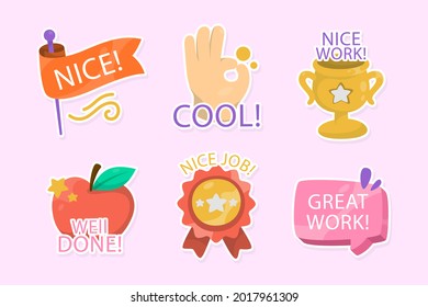 Job and great job stickers logo. School reward, encouragement sign, stamp. Student icon. Success, congrats, excellent work label. Awesome homework, well done. Educational kids design. Vector art. 