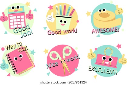 Job and great job stickers logo. School reward, encouragement sign, stamp. Student icon. Success, congrats, excellent work label. Awesome homework, well done. Educational kids design. Vector art. 