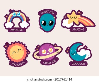 Job and great job stickers logo. School reward, encouragement sign, stamp. Student icon. Success, congrats, excellent work label. Awesome homework, well done. Educational kids design. Vector art. 