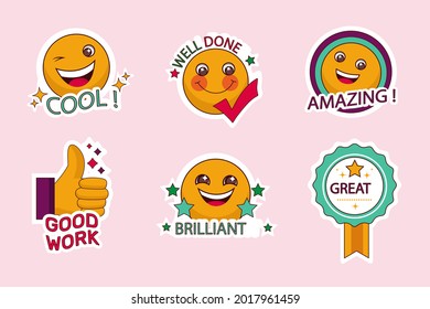 Job and great job stickers logo. School reward, encouragement sign, stamp. Student icon. Success, congrats, excellent work label. Awesome homework, well done. Educational kids design. Vector art. 