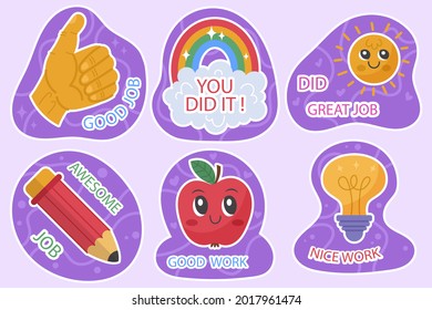 Job and great job stickers logo. School reward, encouragement sign, stamp. Student icon. Success, congrats, excellent work label. Awesome homework, well done. Educational kids design. Vector art. 