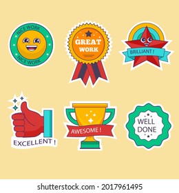 Job and great job stickers logo. School reward, encouragement sign, stamp. Student icon. Success, congrats, excellent work label. Awesome homework, well done. Educational kids design. Vector art. 