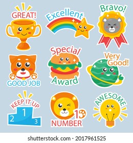 Job and great job stickers logo. School reward, encouragement sign, stamp. Student icon. Success, congrats, excellent work label. Awesome homework, well done. Educational kids design. Vector art. 