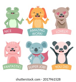 Job and great job stickers logo. School reward, encouragement sign, stamp. Student icon. Success, congrats, excellent work label. Awesome homework, well done. Educational kids design. Vector art. 