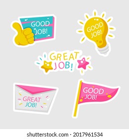 Job and great job stickers logo. School reward, encouragement sign, stamp. Student icon. Success, congrats, excellent work label. Awesome homework, well done. Educational kids design. Vector art. 