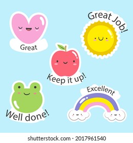 Job and great job stickers logo. School reward, encouragement sign, stamp. Student icon. Success, congrats, excellent work label. Awesome homework, well done. Educational kids design. Vector art. 