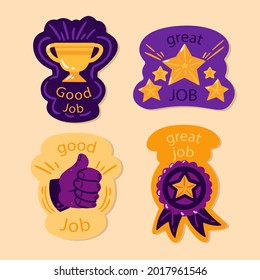 Job and great job stickers logo. School reward, encouragement sign, stamp. Student icon. Success, congrats, excellent work label. Awesome homework, well done. Educational kids design. Vector art. 