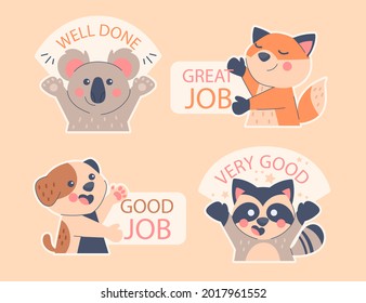 Job and great job stickers logo. School reward, encouragement sign, stamp. Student icon. Success, congrats, excellent work label. Awesome homework, well done. Educational kids design. Vector art. 