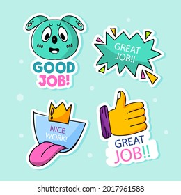 Job and great job stickers logo. School reward, encouragement sign, stamp. Student icon. Success, congrats, excellent work label. Awesome homework, well done. Educational kids design. Vector art. 