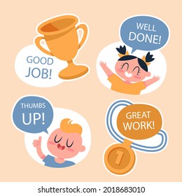 Job and great job stickers logo. School reward, encouragement sign, stamp. Student icon. Success, congrats, excellent work label. Awesome homework, well done. Educational kids design. Vector art. 