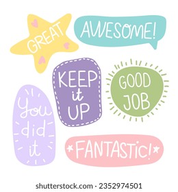 Job and great job stickers logo. Student icon. School reward, encouragement sign, stamp. Educational kids design. Vector illustration.