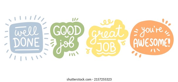 Job and great job stickers. School reward, encouragement stamp. Student icon. Vector illustration