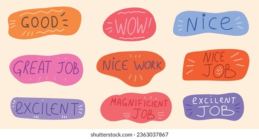 Job and great job stickers. School reward, encouragement stamp. 