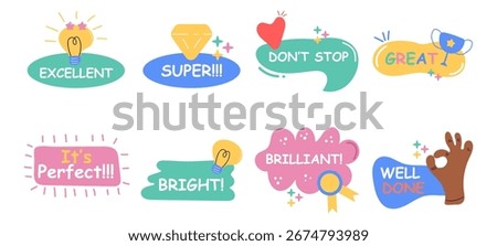 Job and Great Job Stickers Set Vector Illustration Reward Labels and Positive Message Icons