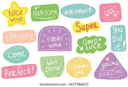 Job and great job stickers vector illustration. School reward, encouragement sign, stamp. Educational kids design.	