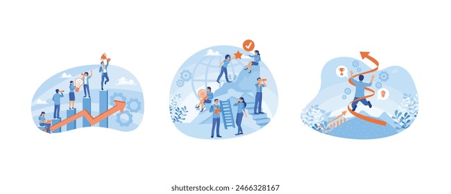 Job growth and performance. Business team working together. Motivation towards success. Business development concept. Set flat vector illustration.
