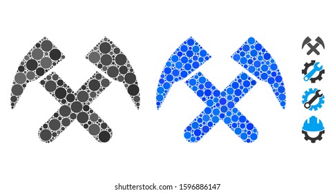 Job hammers composition of round dots in various sizes and color tinges, based on job hammers icon. Vector round dots are united into blue collage. Dotted job hammers icon in usual and blue versions.