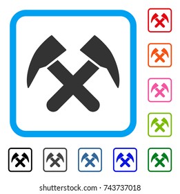 Job Hammers icon. Flat gray pictogram symbol inside a blue rounded rectangular frame. Black, gray, green, blue, red, orange color variants of Job Hammers vector.