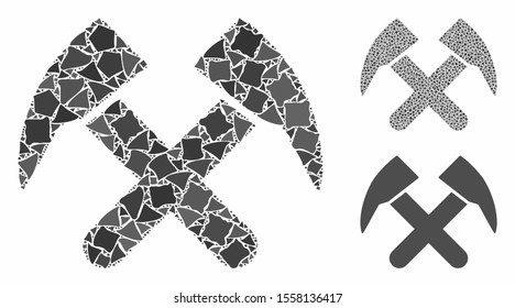 Job hammers mosaic of tremulant elements in variable sizes and color tinges, based on job hammers icon. Vector rough pieces are combined into collage. Job hammers icons collage with dotted pattern.