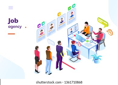 Job or hiring agency isometric view. Hire or recruitment business room with people in queue. Man and woman looking for work at office. Employer or applicant, contender or challenger interview