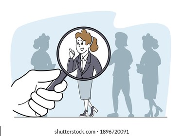 Job Hiring, Business Recruitment Concept. Huge Hand with Magnifier Choose Businesswoman Character Stand Out of Crowd. Search Talent Choose Employee, Head Hunting Employment. Linear Vector Illustration