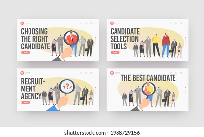 Job Hiring, Business Recruitment Landing Page Template Set. Huge Hand with Magnifier Choose One Businessman Character of Many Candidates. Employees Head Hunting. Cartoon People Vector Illustration