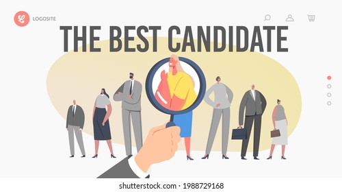 Job Hiring, Business Recruitment Landing Page Template.Huge Hand Choose Businesswoman Character Stand Out of Crowd. Search Best Candidate, Head Hunting Employment. Cartoon People Vector Illustration