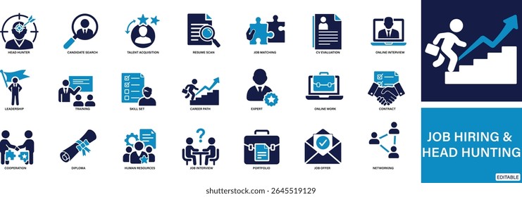 Job Hiring and Head Hunting Icon Set Recruitment, CV Review, Interview and Talent Search