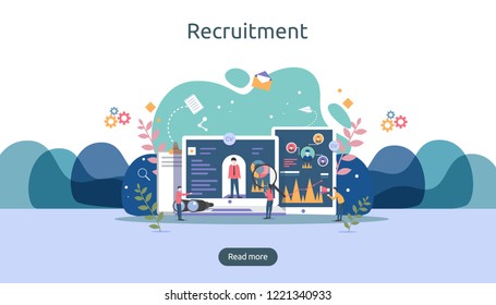 Job Hiring And Online Recruitment Concept With Tiny People Character. Agency Interview. Select A Resume Process. Template For Web Landing Page, Banner, Presentation, Social Media. Vector Illustration