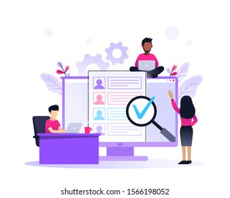 Job hiring and online recruitment concept with tiny multiracial people character. agency interview. select a resume process. template for web landing page, banner, presentation, social media.
