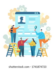 Job hiring, online recruitment concept. People characters consider a candidate's resume. interview. select resume process. Vector flat illustration for web page, banner, presentation, social media