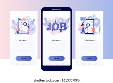 Job hiring and job search concept. Headhunting. Tiny people interviewed for job. Screen template for mobile smart phone. Modern flat cartoon style. Vector illustration on white background