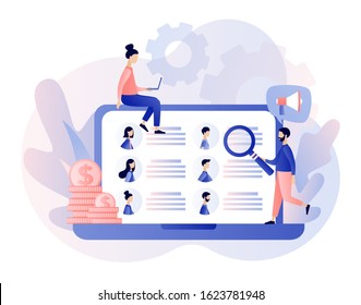 Job hiring and job search concept. Headhunting. Tiny people interviewed for job. We are Hiring. Modern flat cartoon style. Vector illustration on white background