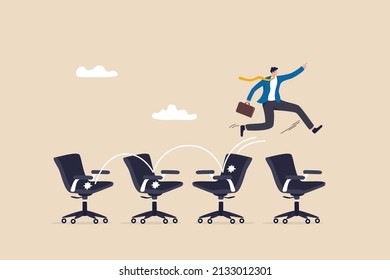 Job hopping, change many jobs in short time, move to new better career or position, cheerful businessman candidate jumping from office chair to new office metaphor of often changing job.