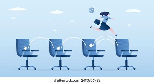 Job hopping, change many jobs in short time, move to new better career or position, smart woman candidate jumping from office chair to new. Often changing works. Salary increase, job promotion. vector