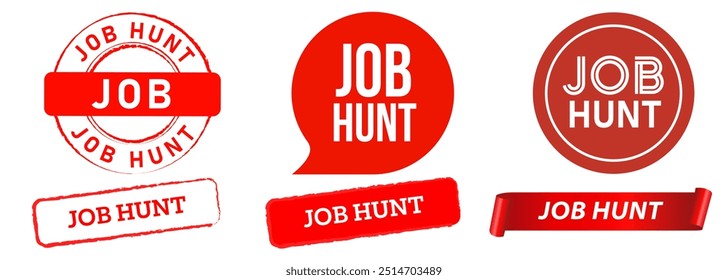 Job hunt stamp wanted looking for vacancy seek recruitment red badge symbol sign label design set collection