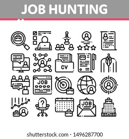 Job Hunting Collection Elements Vector Icons Set Thin Line. Hunting Business People And Recruitment Candidate, Team Work And Partnership Concept Linear Pictograms. Black Contour Illustrations