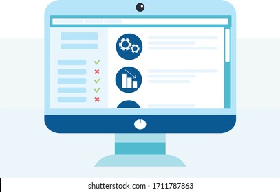 job hunting concept. Computer screen with a job search site. Different positions and working conditions and requirements for the candidate. Logo engineer, seller, or trader. Vector illustration flat