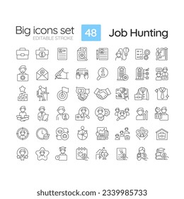 Job hunting linear icons set. Employment agency. Recruitment process. Human resources. Career change. Customizable thin line symbols. Isolated vector outline illustrations. Editable stroke